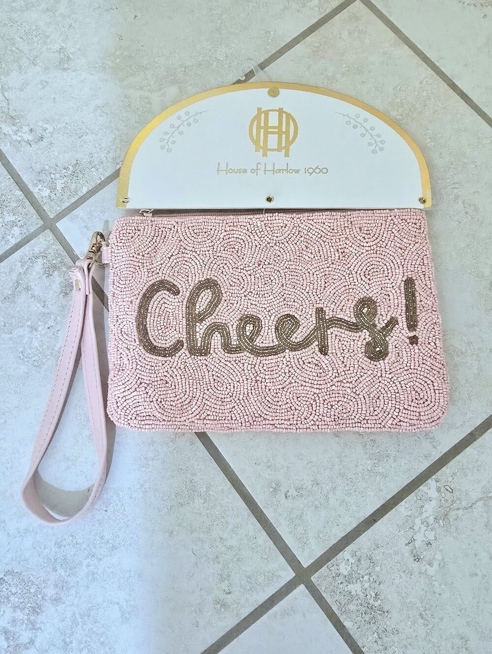 House of Harlow 1960 Pink Beaded "Cheers!" Wristlet